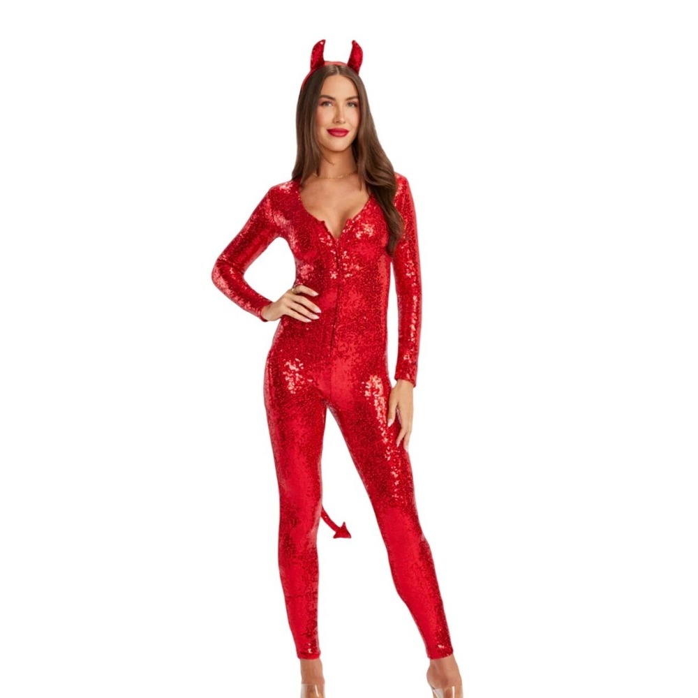 New Tipsy Elves Women‎ Red Sequin Devil Costume Jumpsuit with Horns XL